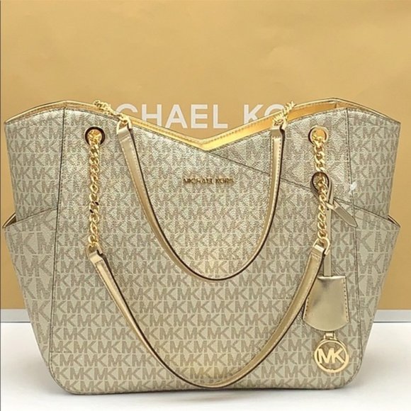 MICHAEL KORS LARGE X CHAIN SHOULDER TOTE BAG PALE GOLD COLOR - Picture 8 of 16